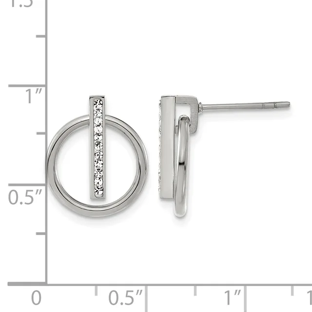 Pair of silver stud earrings featuring a circular design with a vertical bar of diamonds, shown front and side view next to a measurement ruler.