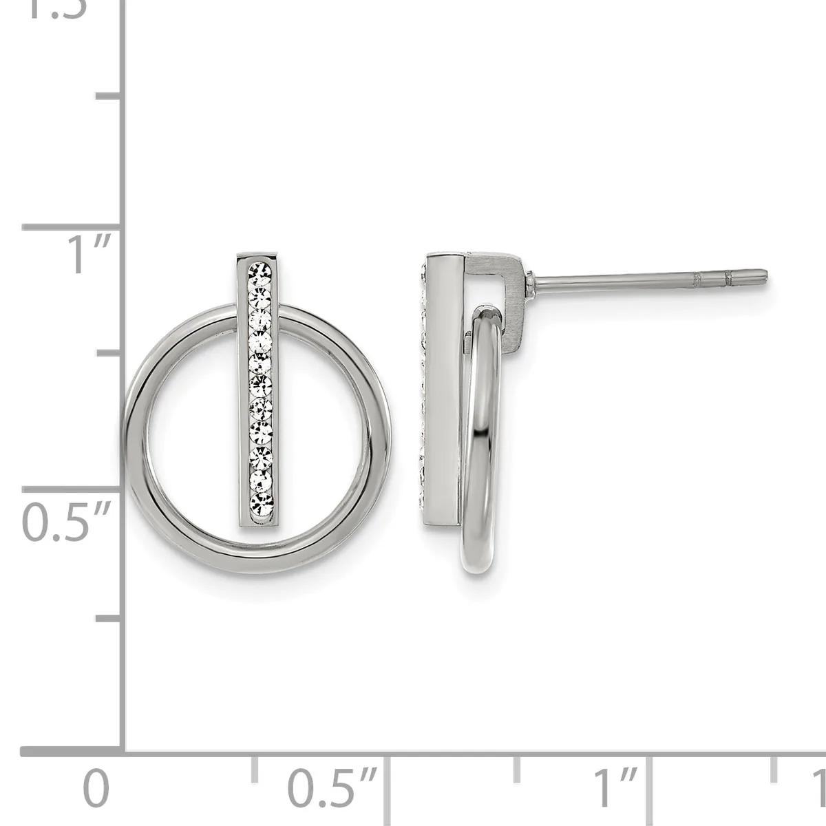 Pair of silver stud earrings featuring a circular design with a vertical bar of diamonds, shown front and side view next to a measurement ruler.