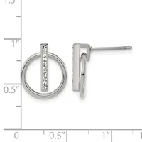 Pair of silver stud earrings featuring a circular design with a vertical bar of diamonds, shown front and side view next to a measurement ruler.
