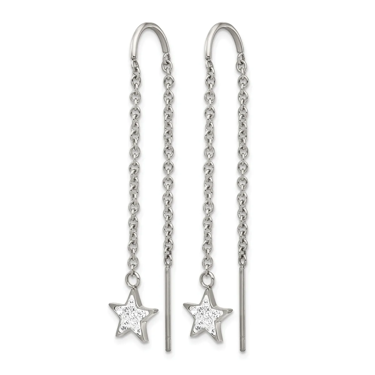 Pair of silver threader earrings with chain strands and star charms set with small cubic zirconia stones at the bottom.