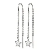 Pair of silver threader earrings with chain strands and star charms set with small cubic zirconia stones at the bottom.