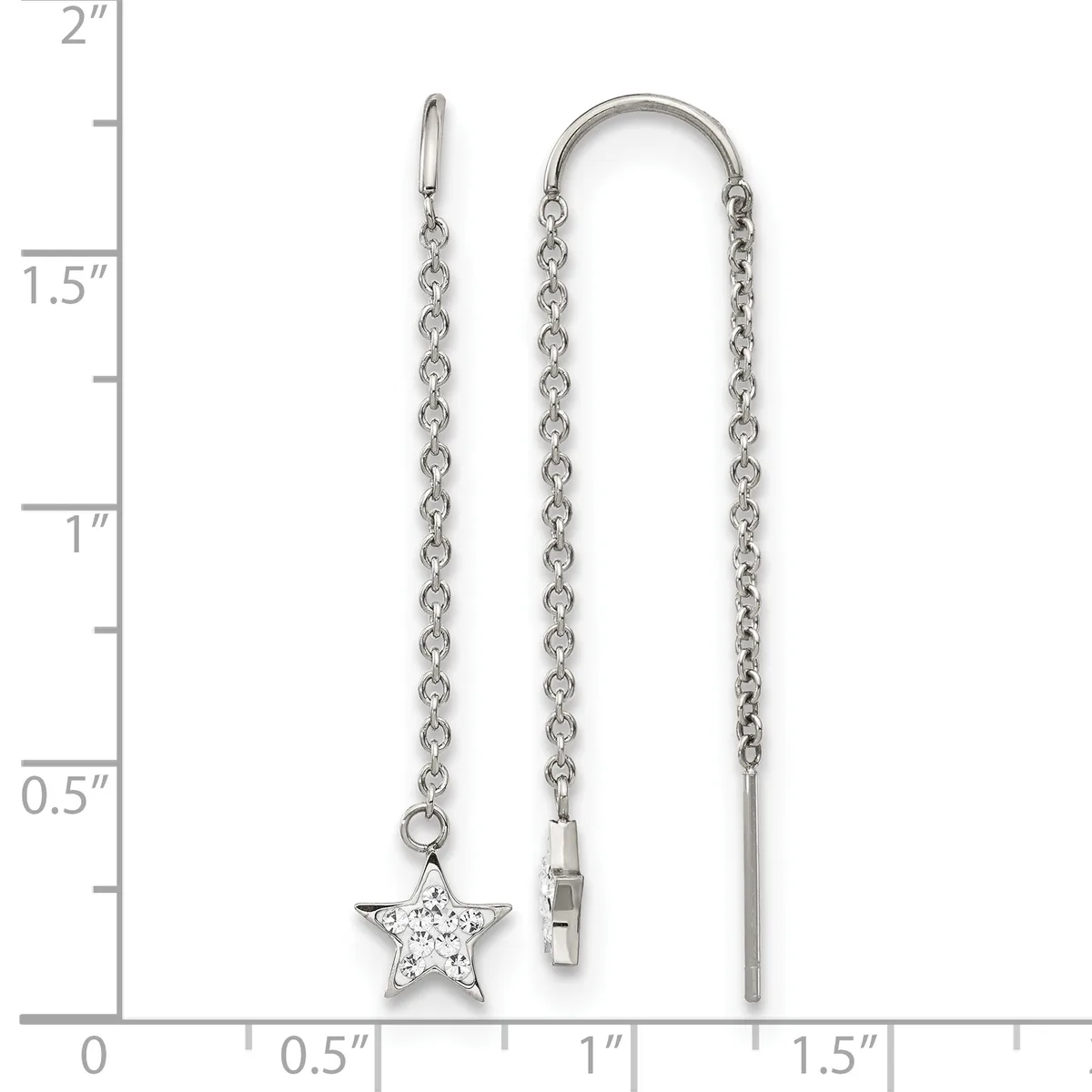 Two silver chain earrings displayed on a measurement scale: one with a star pendant set with crystals on a leverback, one threaded through a hoop with a bar end.