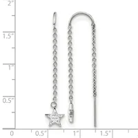 Two silver chain earrings displayed on a measurement scale: one with a star pendant set with crystals on a leverback, one threaded through a hoop with a bar end.