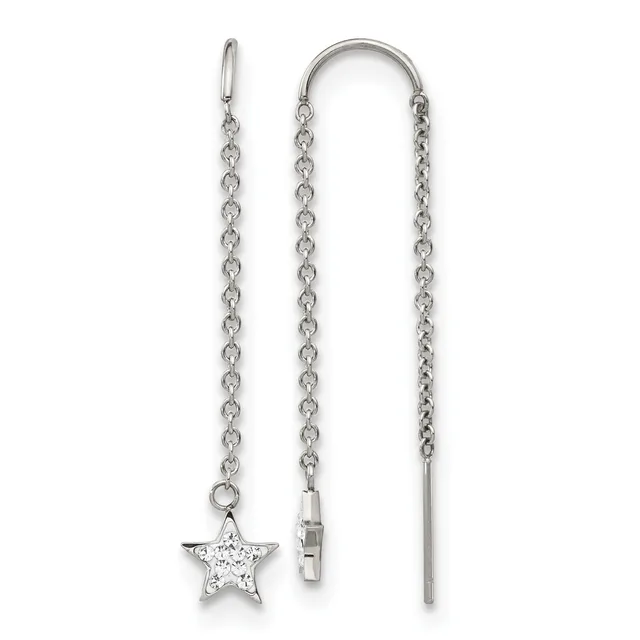 Two silver chain threader earrings with a star charm decorated with cubic zirconia on the left, displayed against a white background.