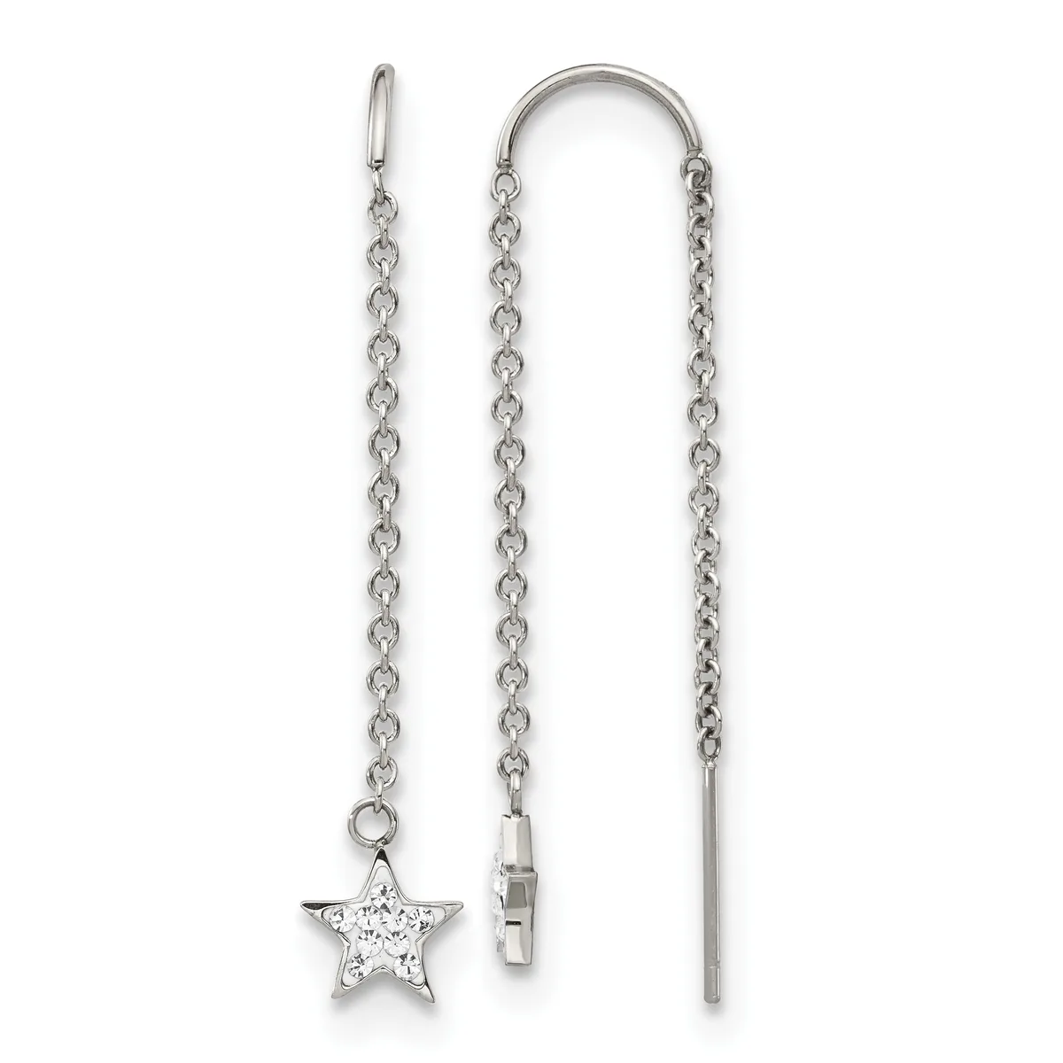 Two silver chain threader earrings with a star charm decorated with cubic zirconia on the left, displayed against a white background.