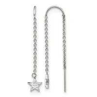 Two silver chain threader earrings with a star charm decorated with cubic zirconia on the left, displayed against a white background.