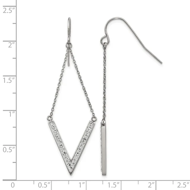 A pair of silver dangle earrings with chain straps, one featuring a V-shaped pendant with crystal accents and the other a rectangular bar pendant, displayed against a ruler showing measurements up to 2.5 inches.