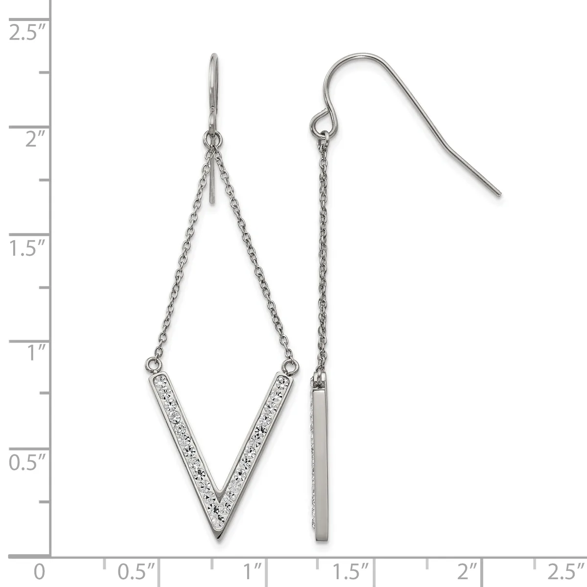 A pair of silver dangle earrings with chain straps, one featuring a V-shaped pendant with crystal accents and the other a rectangular bar pendant, displayed against a ruler showing measurements up to 2.5 inches.