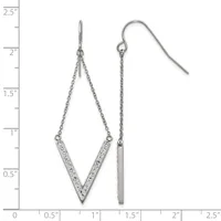A pair of silver dangle earrings with chain straps, one featuring a V-shaped pendant with crystal accents and the other a rectangular bar pendant, displayed against a ruler showing measurements up to 2.5 inches.