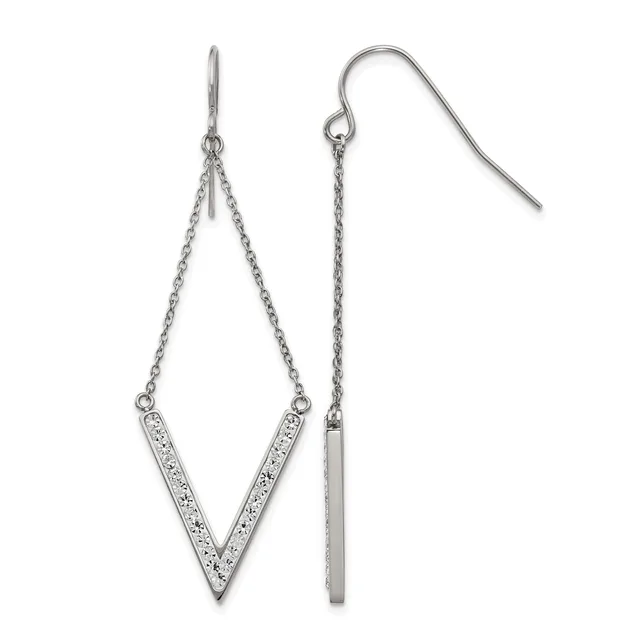 A pair of silver dangle earrings with fish-hook closures, featuring a V-shaped pendant with crystal accents on one earring and a plain cylindrical bar on the other, suspended by delicate chains.