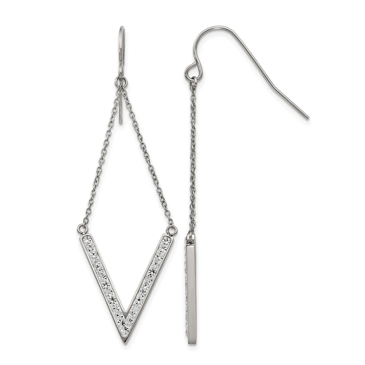 A pair of silver dangle earrings with fish-hook closures, featuring a V-shaped pendant with crystal accents on one earring and a plain cylindrical bar on the other, suspended by delicate chains.