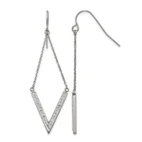 A pair of silver dangle earrings with fish-hook closures, featuring a V-shaped pendant with crystal accents on one earring and a plain cylindrical bar on the other, suspended by delicate chains.