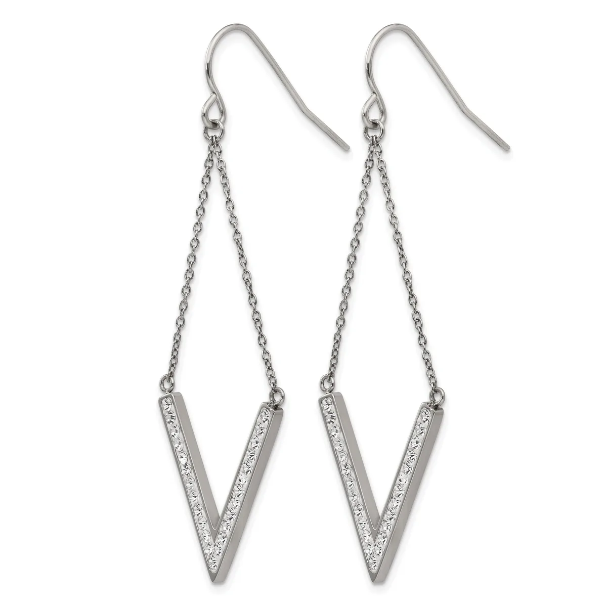 Pair of silver V-shaped drop earrings with crystal inlays, suspended from delicate chains and curved ear wires.