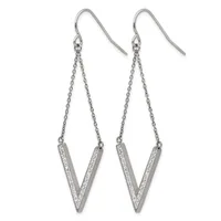 Pair of silver V-shaped drop earrings with crystal inlays, suspended from delicate chains and curved ear wires.