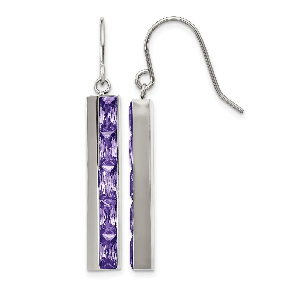 A pair of silver rectangular drop earrings with purple rectangular stones set in the center, shown front and back view, suspended from curved silver ear wires.