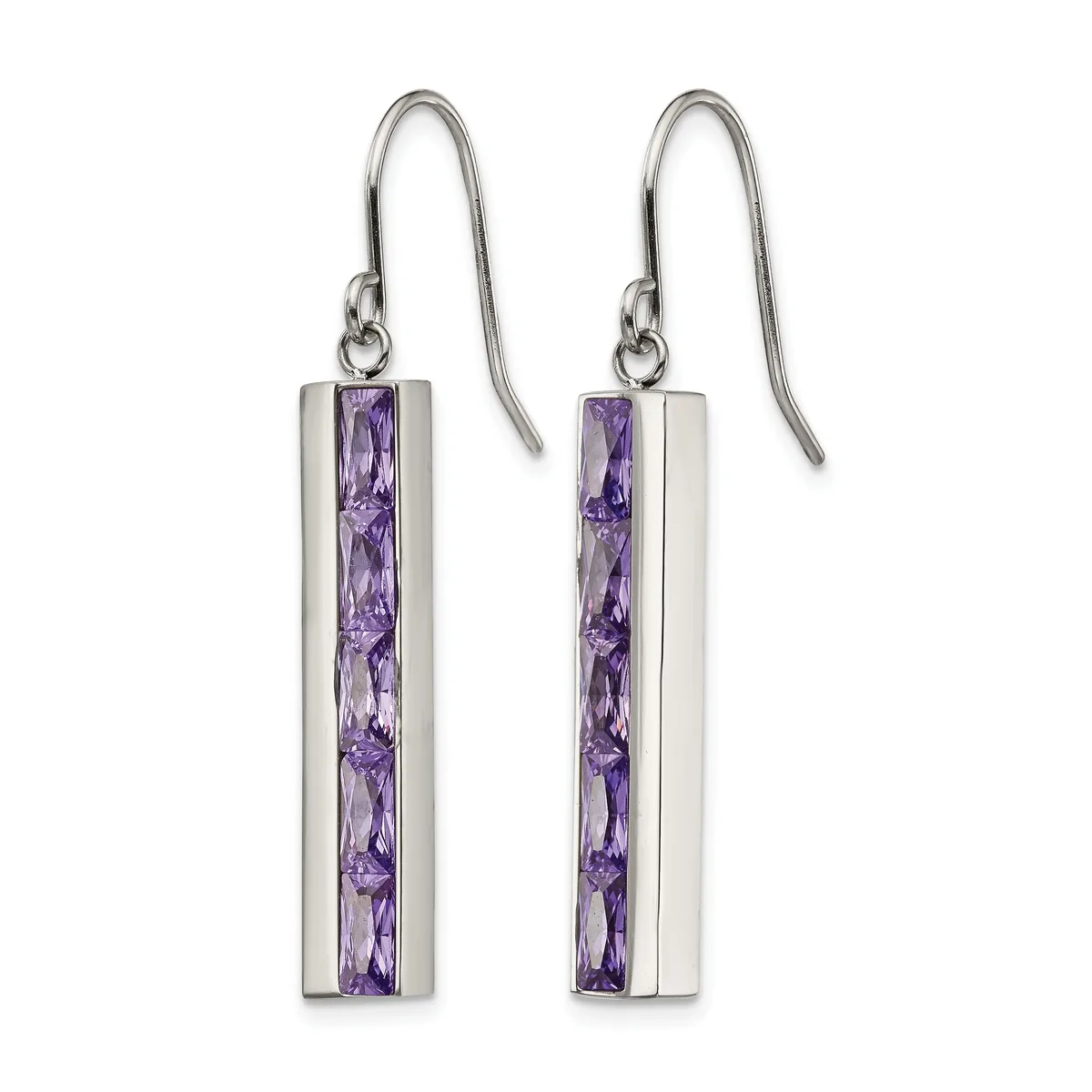Pair of sterling silver drop earrings with purple amethyst baguette stones set vertically in rectangular frames, suspended from curved ear wires.