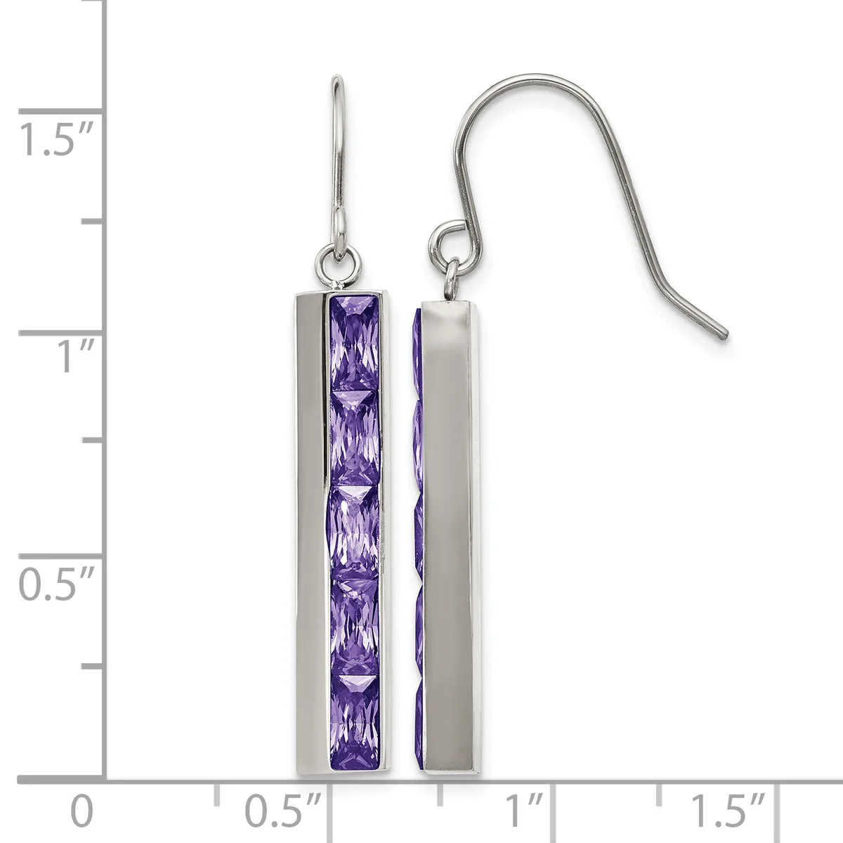 A pair of silver drop earrings with purple rectangular stones in the center, displayed next to a measurement ruler showing approximately 1.25 inches in length.