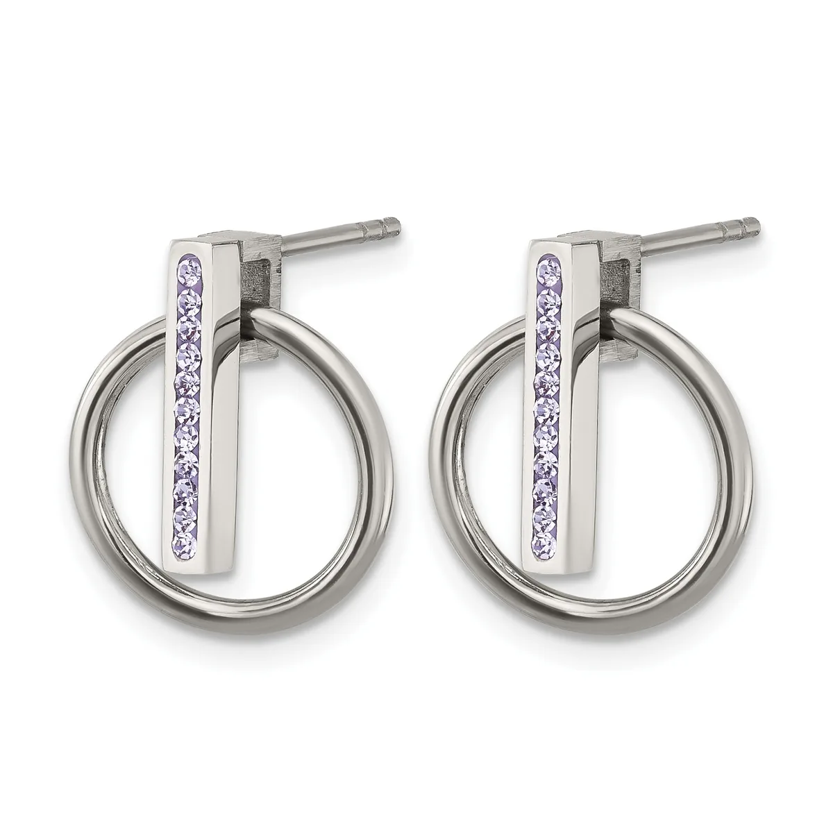 Pair of silver-tone hoop earrings with rectangular bar tops set with purple crystals, shown as studs on white background.