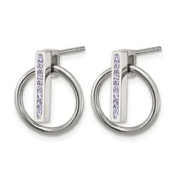 Pair of silver-tone hoop earrings with rectangular bar tops set with purple crystals, shown as studs on white background.