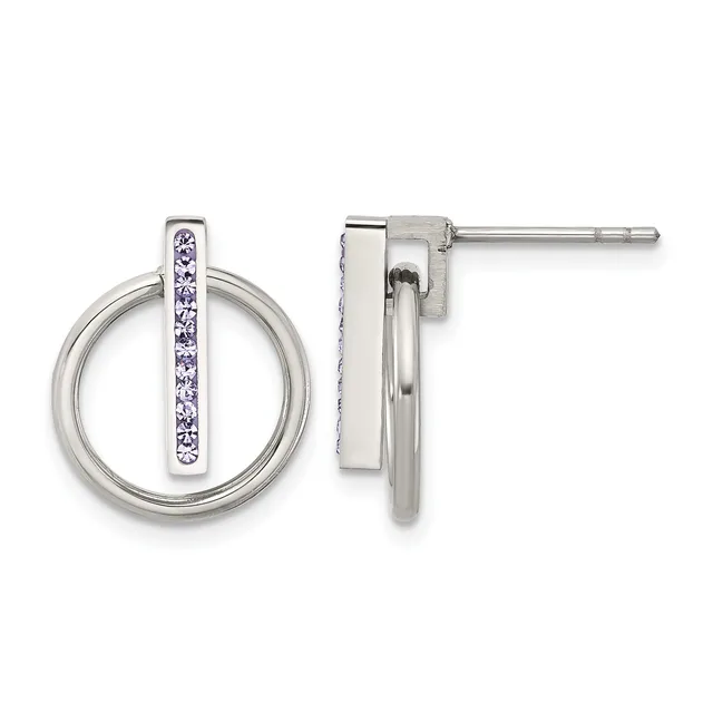 A pair of silver drop earrings with circular hoops and vertical rectangular bars set with purple gemstones, shown from front and side views.