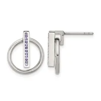 A pair of silver drop earrings with circular hoops and vertical rectangular bars set with purple gemstones, shown from front and side views.