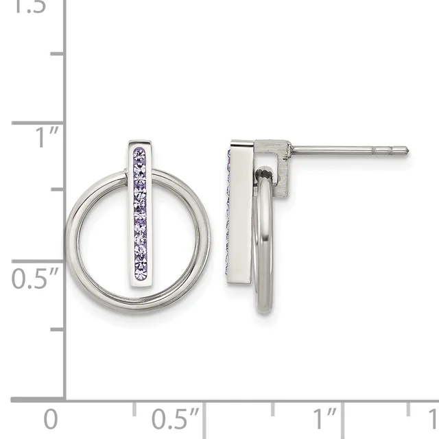 Silver stud earrings featuring circular rings with vertical rectangular bars set with purple gemstones, displayed against a measurement ruler.