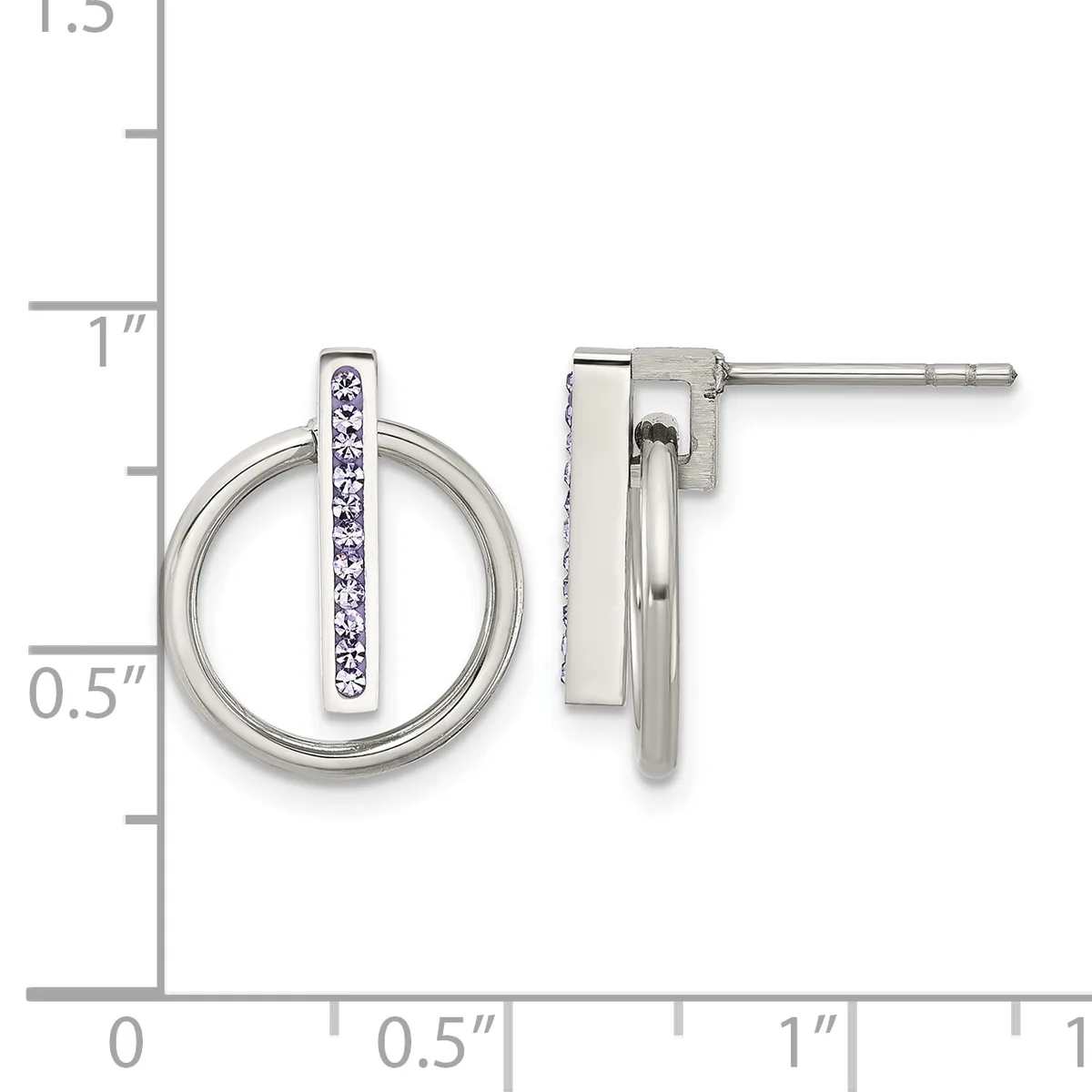 Silver stud earrings featuring circular rings with vertical rectangular bars set with purple gemstones, displayed against a measurement ruler.
