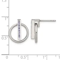 Silver stud earrings featuring circular rings with vertical rectangular bars set with purple gemstones, displayed against a measurement ruler.