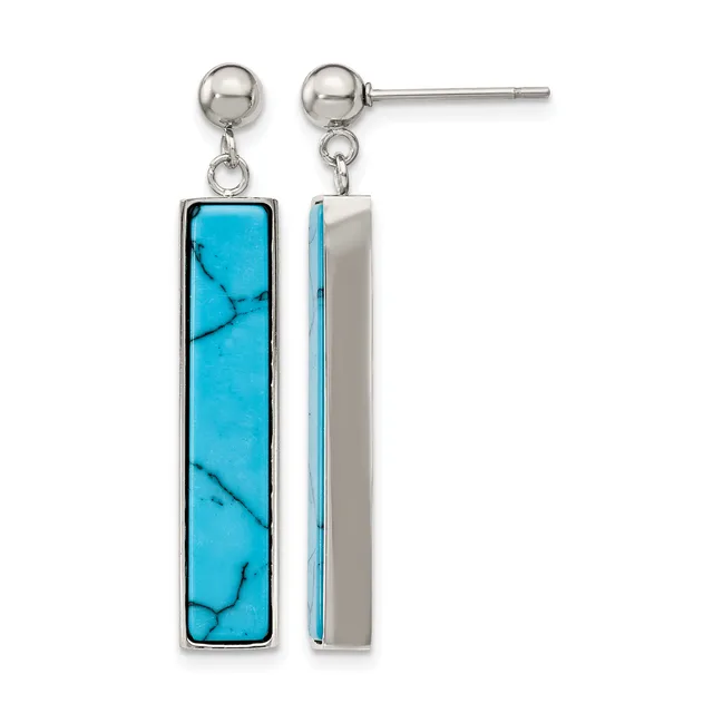 A pair of silver stud earrings with rectangular turquoise stone drops featuring black veining, shown from front and back views.