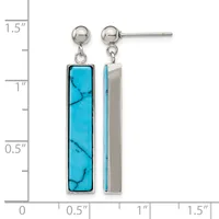 A pair of silver dangle earrings with round ball posts featuring rectangular turquoise stone pendants with black veining, shown against a measurement scale.