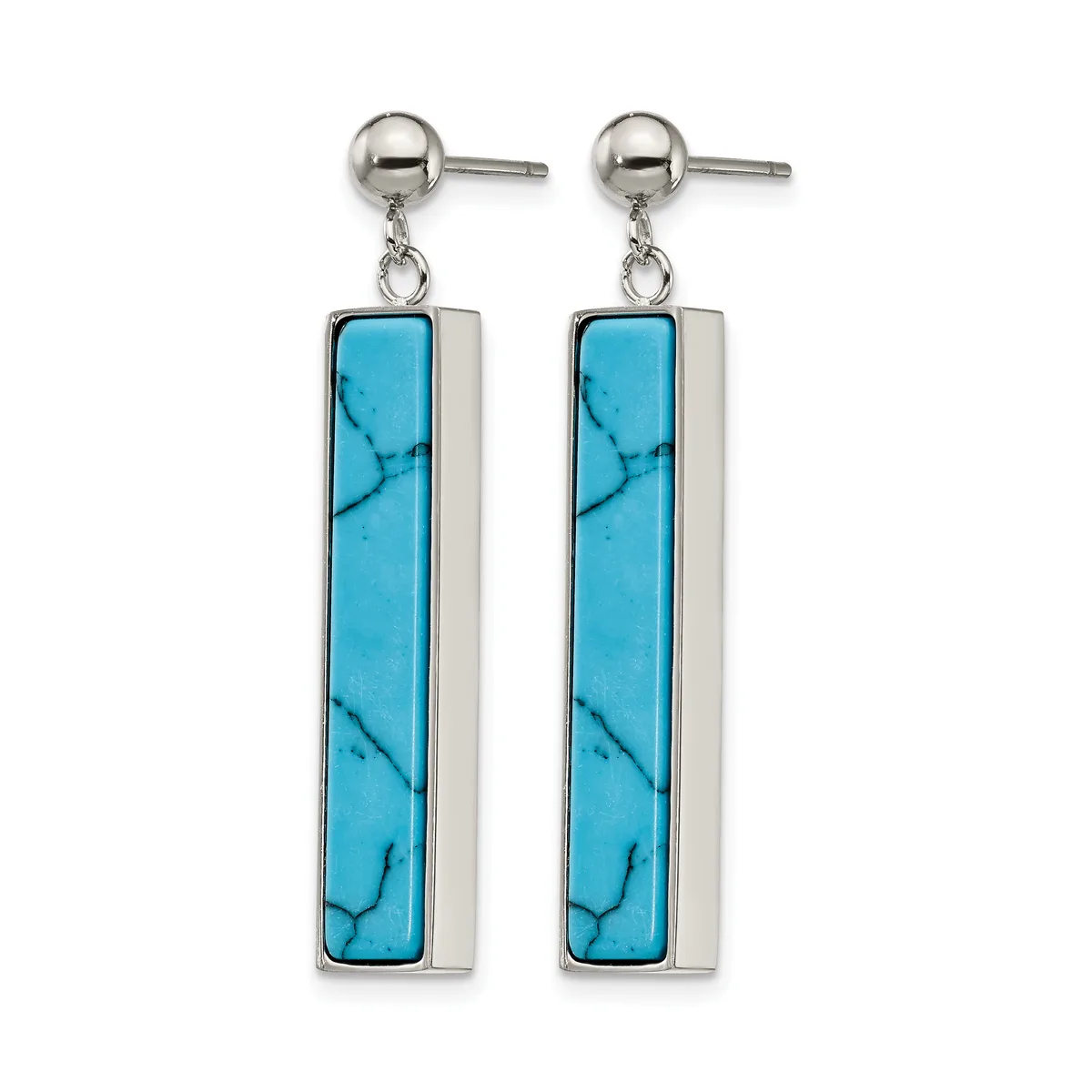 Pair of silver stud earrings with rectangular turquoise stone drops featuring dark veining patterns, shown against a white background.