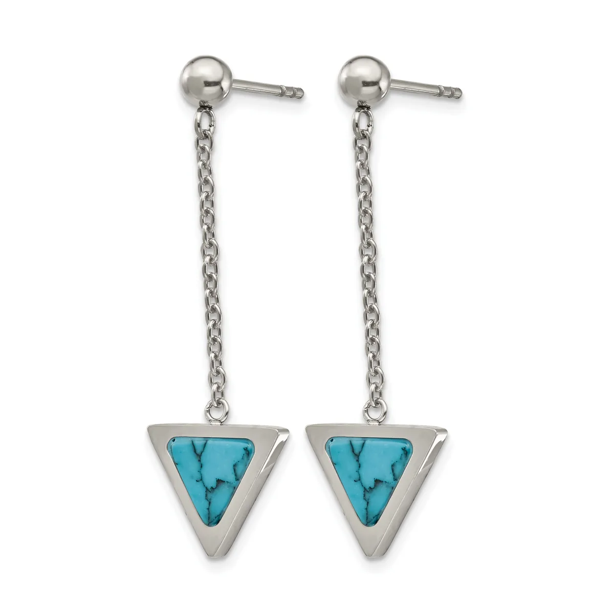 Pair of silver dangle earrings with ball studs connected to triangular turquoise pendants by delicate chain links.