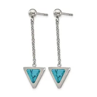 Pair of silver dangle earrings with ball studs connected to triangular turquoise pendants by delicate chain links.