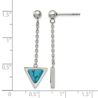 Pair of silver dangle earrings with ball studs and chain, featuring turquoise triangular stone pendant on left earring, shown against ruler measuring approximately 1.5 inches in length.