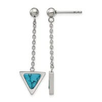 Pair of silver dangle earrings with ball studs connected to chain, one featuring a turquoise triangle stone and the other a plain rectangular bar.