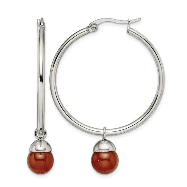 Pair of silver-tone hoop earrings with red gemstone drops attached by small metal caps, shown from front and side views.