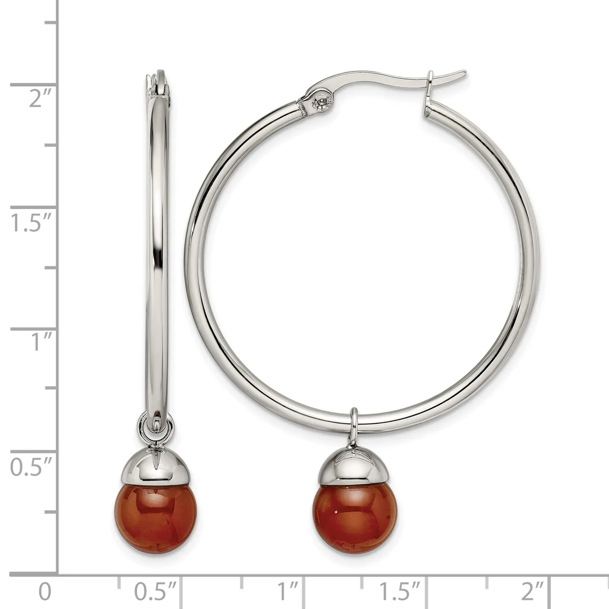 Silver hoop earrings with red stone ball drops, displayed next to a measurement scale showing approximately 2 inches in length.