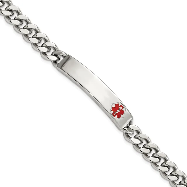 Silver-toned curb chain bracelet with a rectangular medical alert plate featuring a red star symbol.