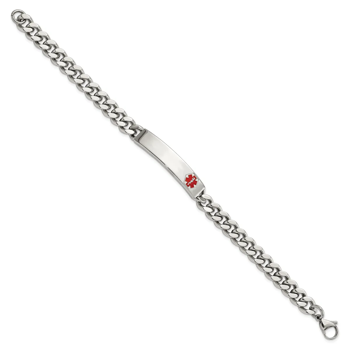 Silver-toned curb chain bracelet with a rectangular medical alert ID plate featuring a red medical symbol, shown against a white background.