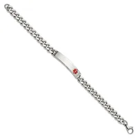 Silver-toned curb chain bracelet with a rectangular medical alert ID plate featuring a red medical symbol, shown against a white background.