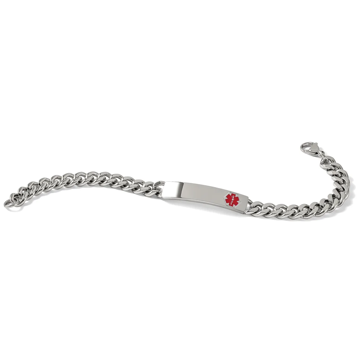 A silver-toned chain bracelet with a rectangular ID plate featuring a red medical symbol, displayed against a white background.