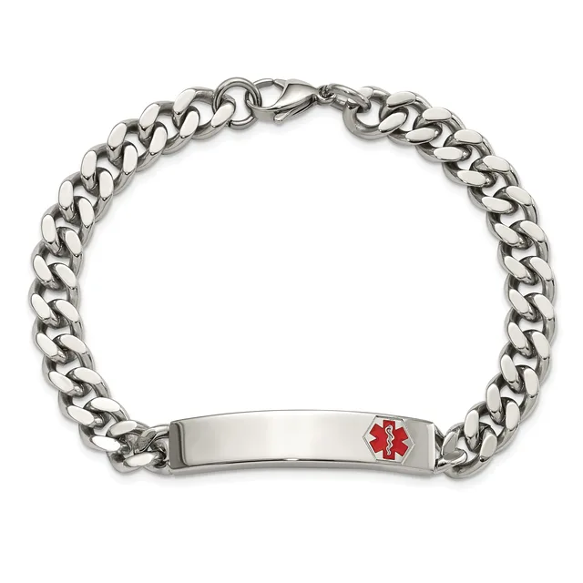Silver-toned curb chain bracelet with a flat rectangular ID plate featuring a red medical alert symbol, secured with a lobster clasp.