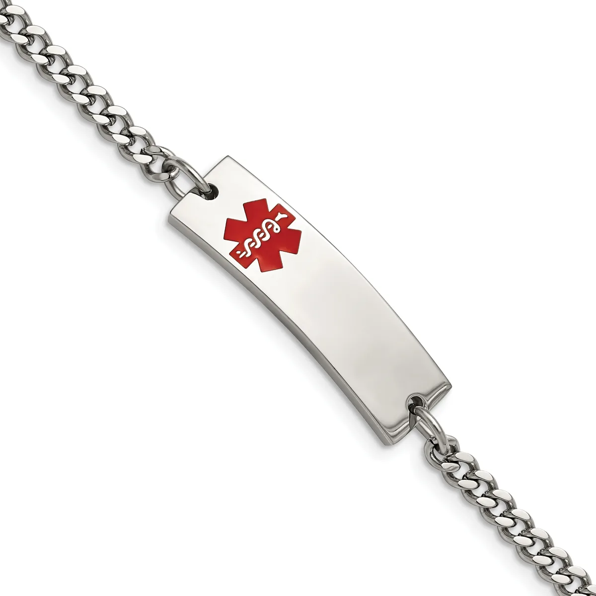 A silver medical alert bracelet with a curb chain and rectangular plate displaying a red emergency star symbol with text engraved below it.