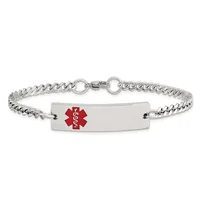 Silver-toned curb chain medical alert bracelet with an engraved rectangular plate featuring a red star of life symbol.