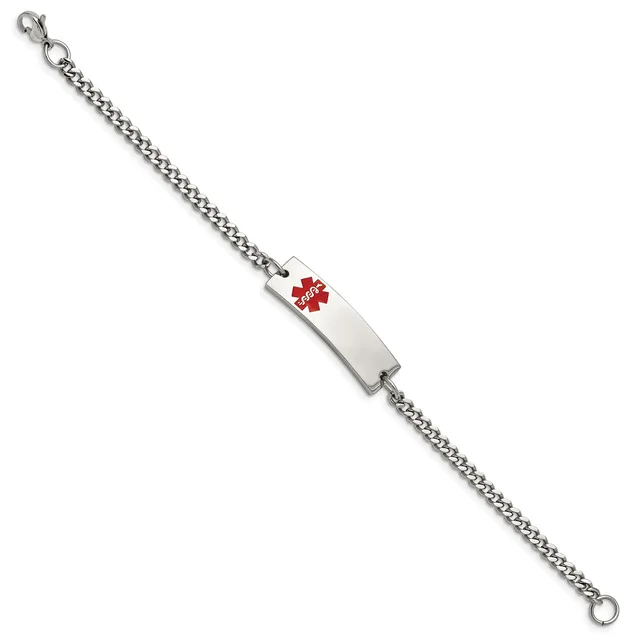Silver-toned curb chain bracelet with a rectangular medical alert tag featuring a red star symbol, displayed at an angle.