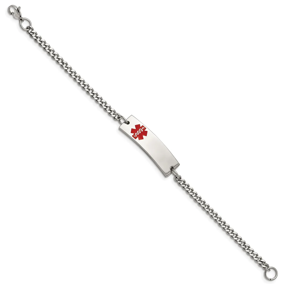 Silver-toned curb chain bracelet with a rectangular medical alert tag featuring a red star symbol, displayed at an angle.