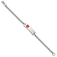 Silver-toned curb chain bracelet with a rectangular medical alert tag featuring a red star symbol, displayed at an angle.