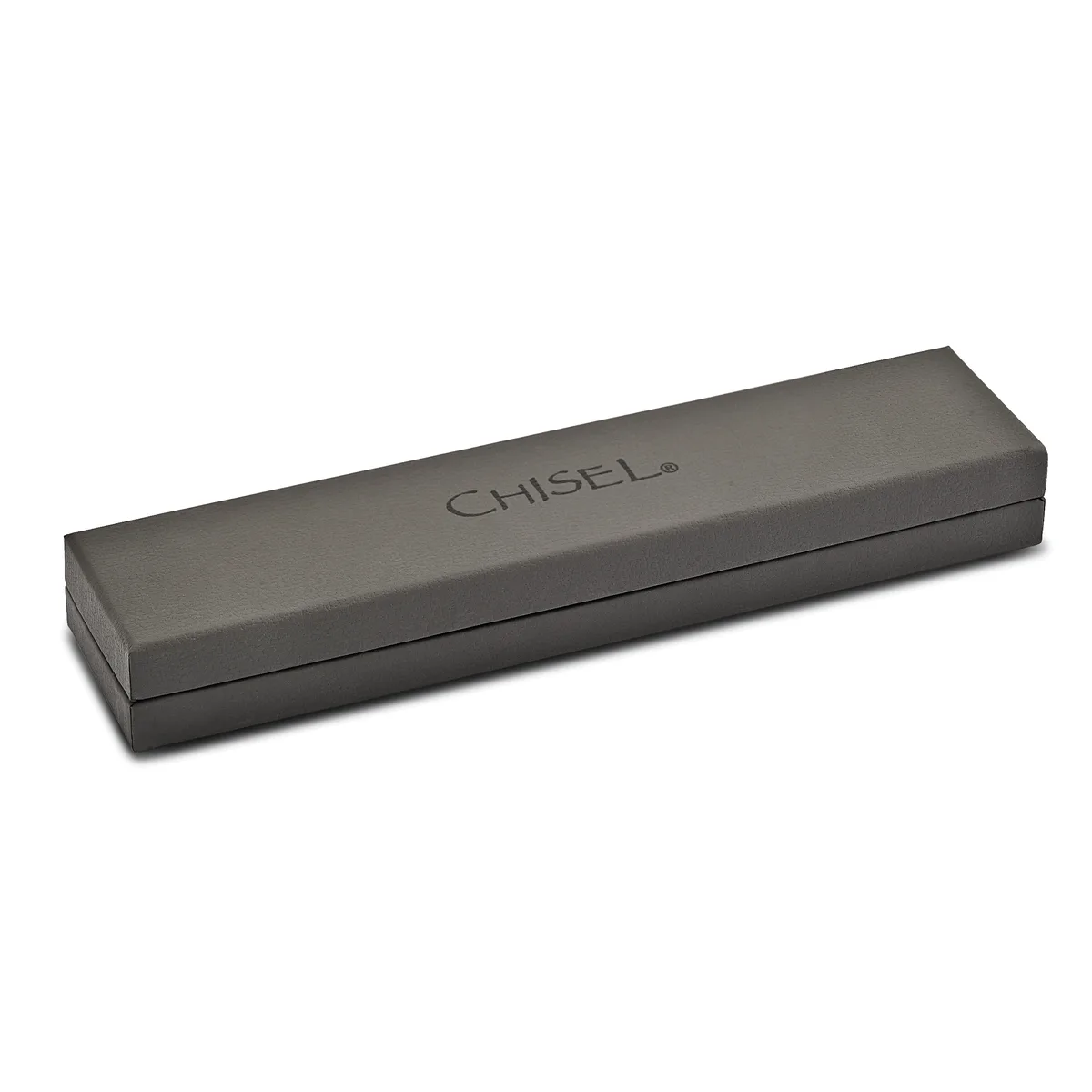 A gray rectangular jewelry box with a hinged lid, shown closed at an angle against a white background.