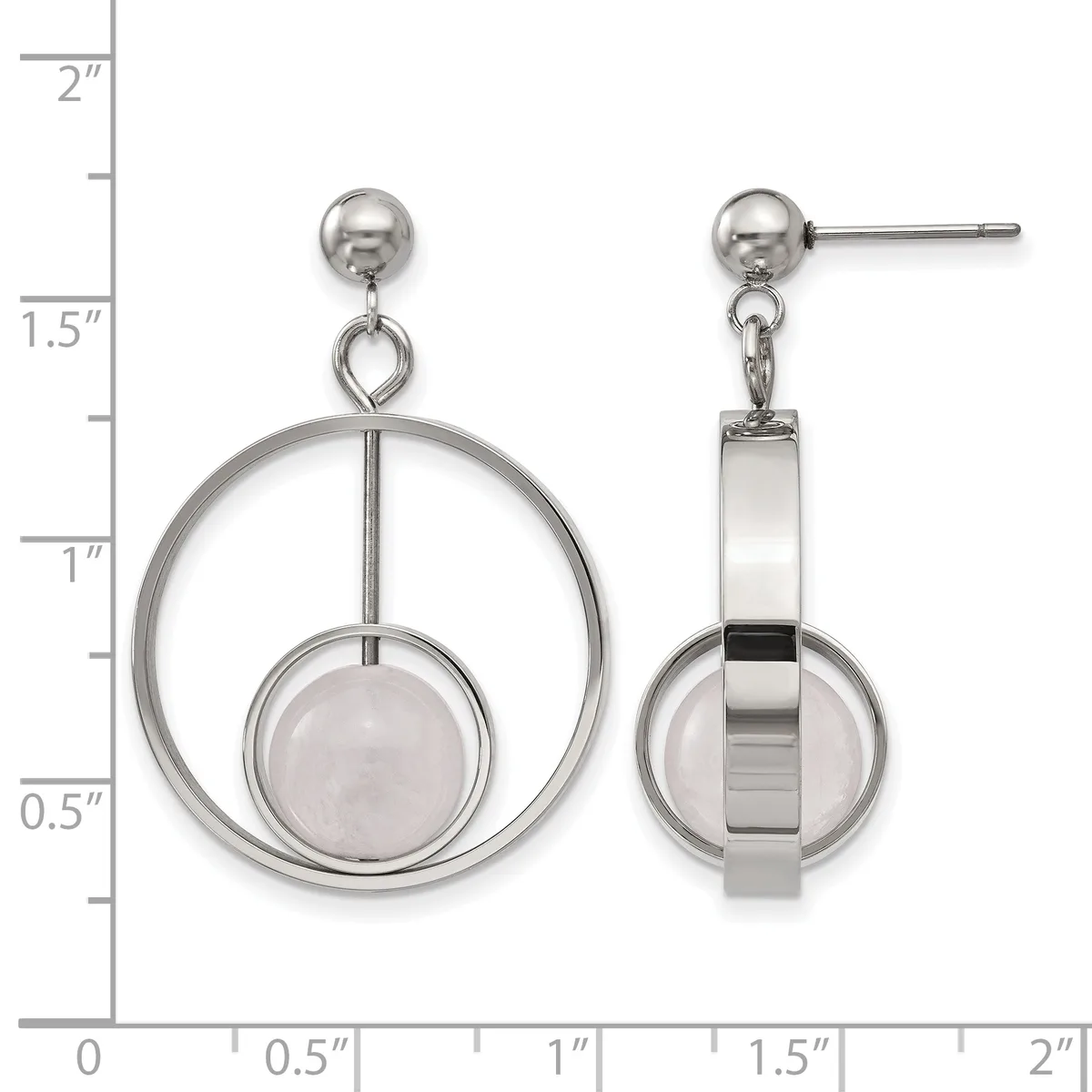 Pair of silver-tone dangle earrings featuring concentric circles with a round rose quartz stone suspended in the center, shown front and side view with measurement scale.