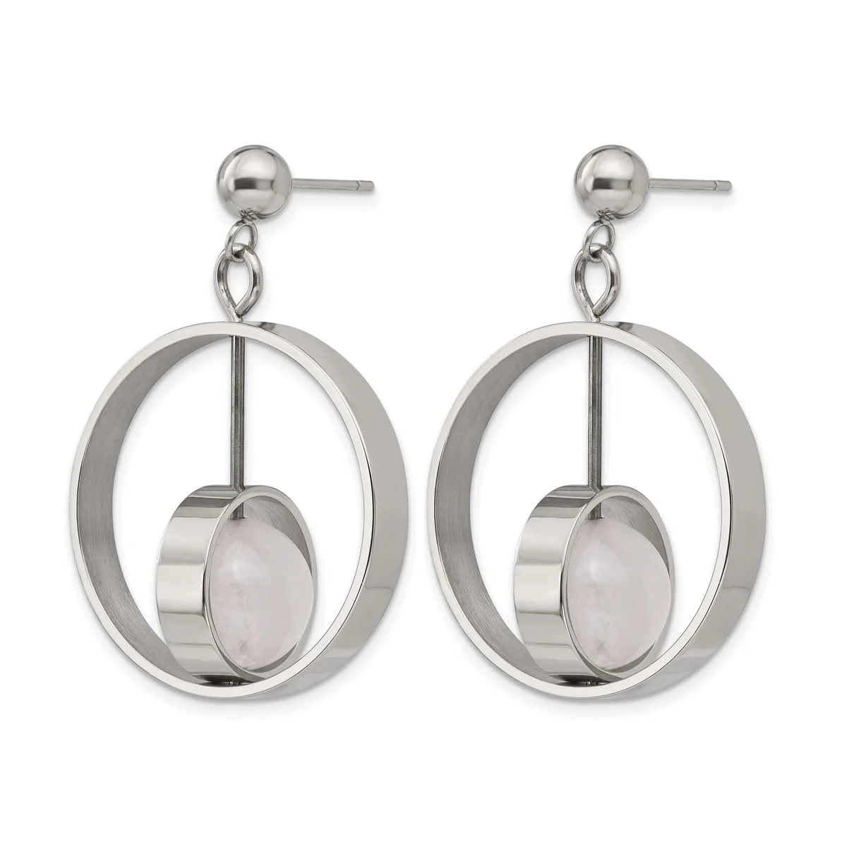 Pair of stainless steel dangle earrings featuring circular frames with suspended oval rose quartz stones in the center, shown against a white background.